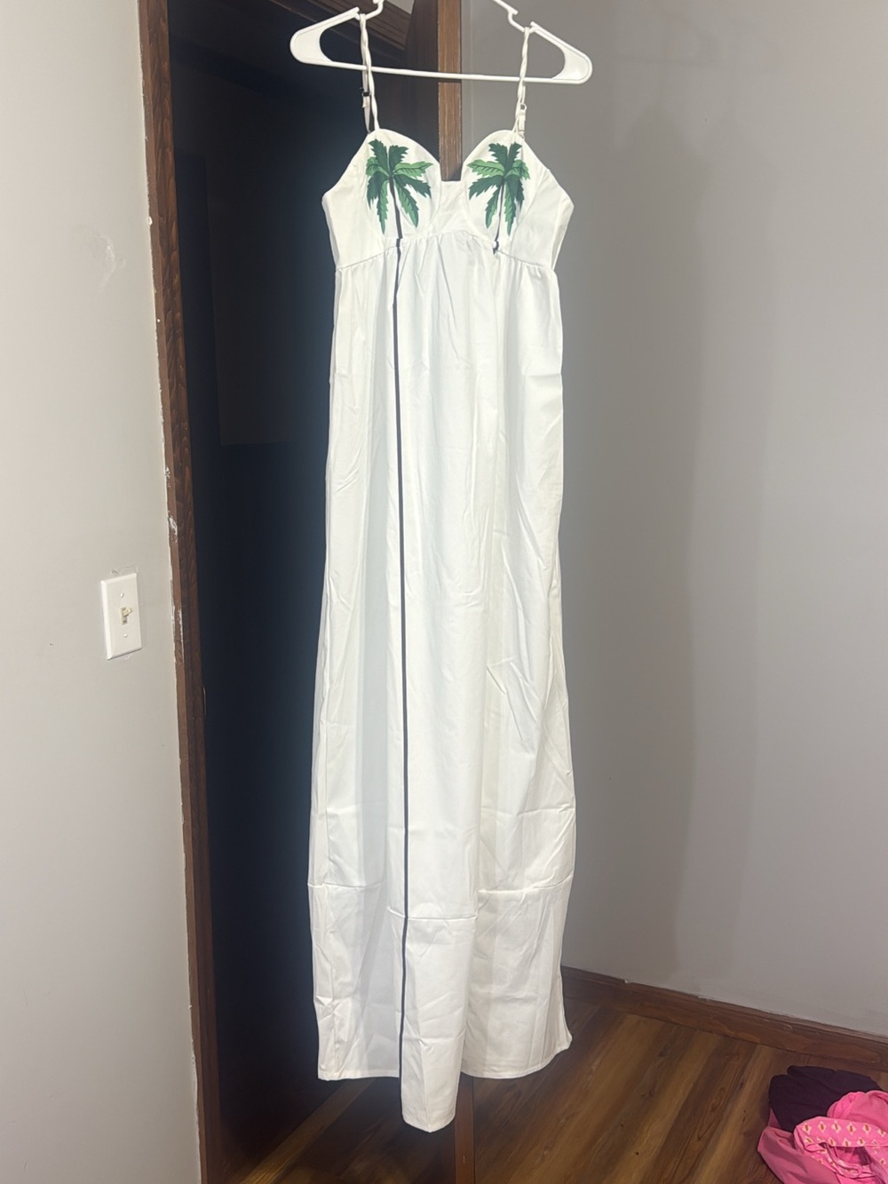 SHEIN White Maxi Dress with Green Palm Embroidery